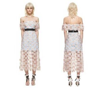 Self-Portrait 3D Floral Guipure Lace Off-Shoulder Midi Dress Pink Blue